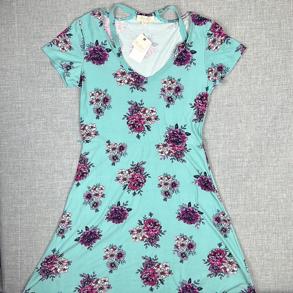 Ultra Flirt Turquoise & Purple Floral Skater Dress Juniors Size Small - Picture 2 of 6